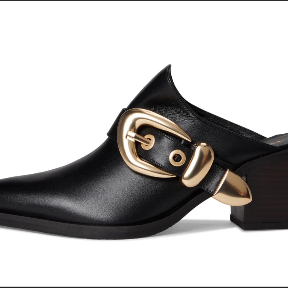 Elegant Black Leather Mules with Gold Buckle
